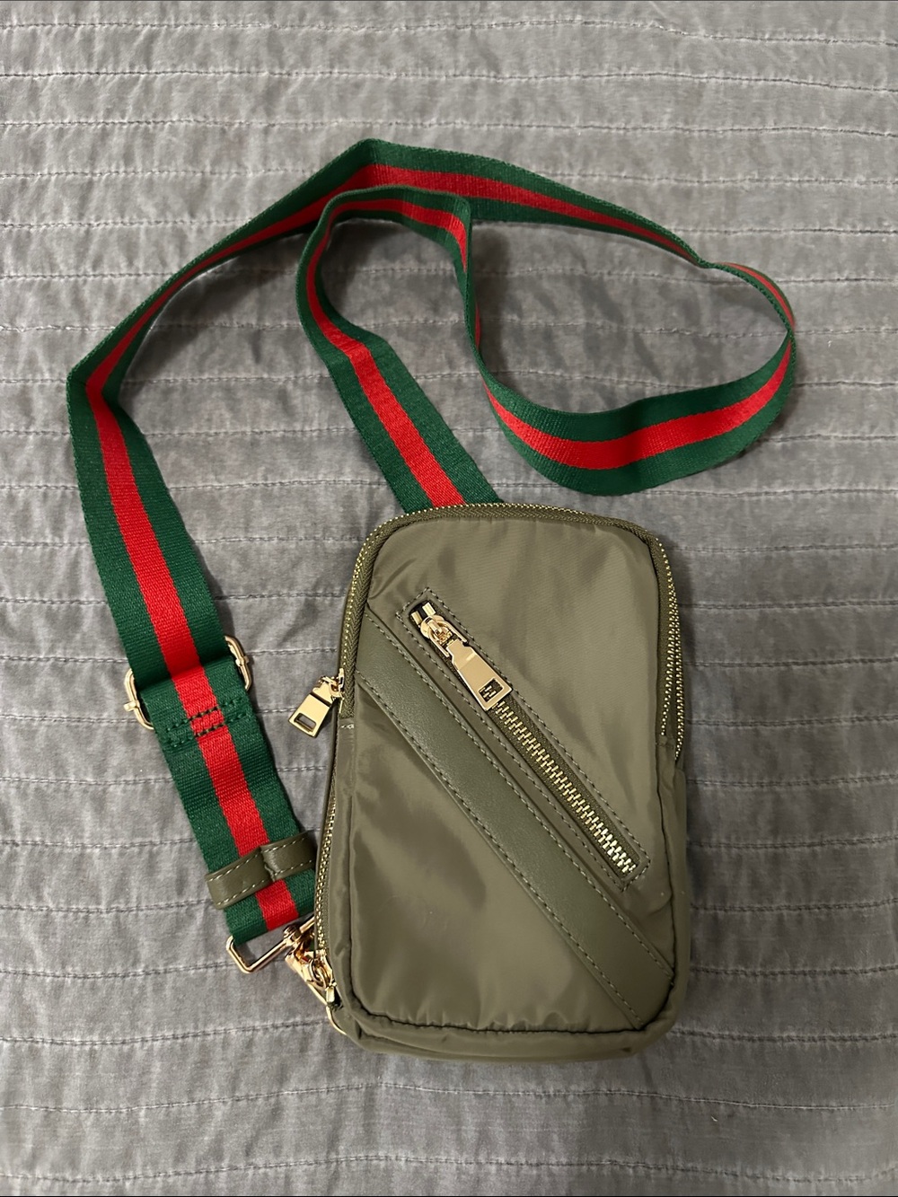 Olive Green Nylon Crossbody Shoulder Bag with Red & Green Strap